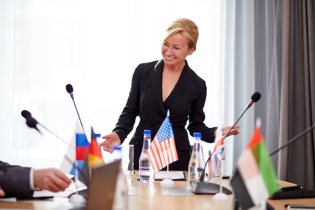 Politician woman in formal suit giving a speech