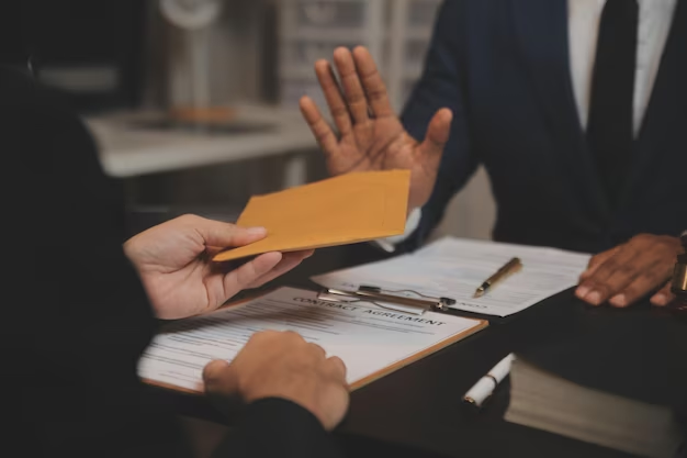 A woman gives a man a yellow envelope